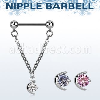 npdl2 steel nipple barbell w a dangling moon w a central cz