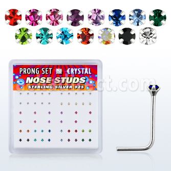 npsms box of silver nose studs with assorted prong crystals