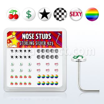 nslgx3 box of silver nose studs w sexy star cherry checker