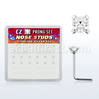 nszbqc box of silver nose studs with 2mm square clear prong cz