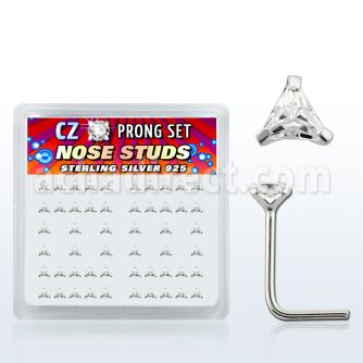 nszbtc box of silver nose studs w 3mm triangle clear prong cz