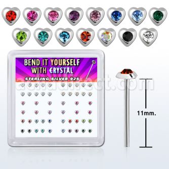 nyhrbxm silver bend it nose studs with heart w assorted crystal