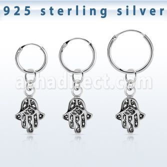 phod40 silver helix hoop earring w a silver hamsa dangling