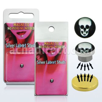 pkml6 silver magnetic fake labret stud w skull on black logo