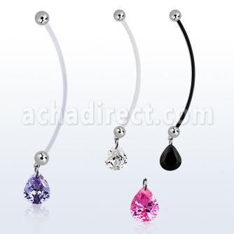 pndz409 pregnancy belly ring w dangling 11 x 9mm pear shaped cz 