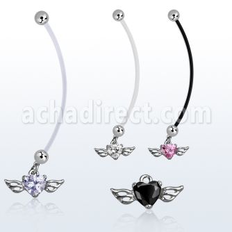 pndz586 pregnancy belly ring w dangling heart shaped cz w wings
