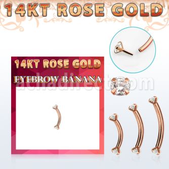 rbnz solid 14k rose gold eyebrow banana w 3mm clear cz stone