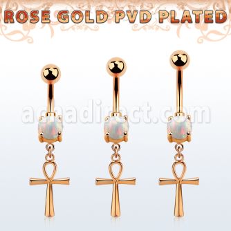 rose gold steel belly banana  opal & ankh cross 