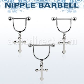 snpod22 steel stirrup nipple ring w dangling small cross