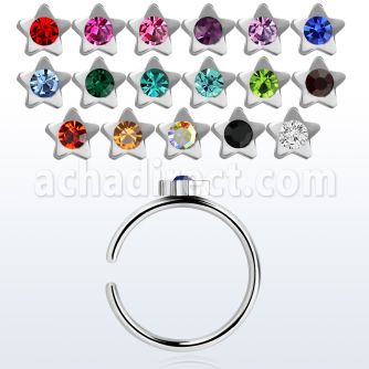 snr4 316l steel clip on nose ring w star shaped crystal top