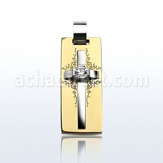 spd185 steel pendant with matte cross on gold central crystal
