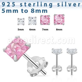 sqv9m pair of silver ear studs with prong fancy cut cz stone