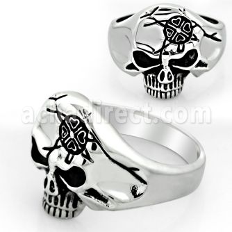 sr265 stainless steel ring with skull w head symbol design