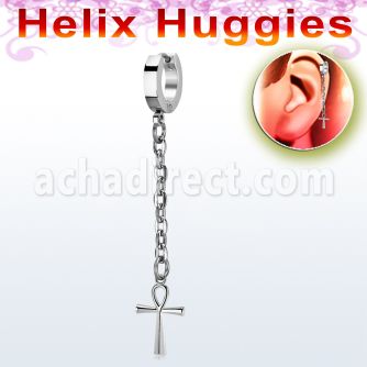 stainless steel helix huggie w dangling ankh cross