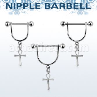 steel nipple stirrup w 5mm balls & a dangling ankh cross 