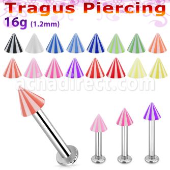 tlbbecn3 316l steel tragus labret 16g w a 3mm uv beach cone 