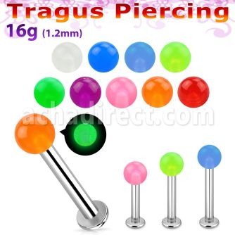 tlbglb3 316l steel tragus labret 16g 3mm glow in the dark ball 