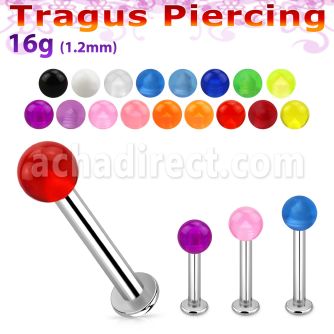 tlbuvb3 316l steel tragus labret 16g w a 3mm acrylic uv ball 