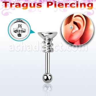 trg14 316l steel tragus piercing w cross screw closure ball