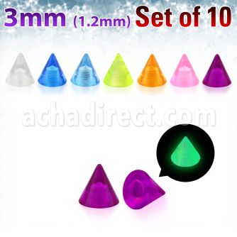 xglcn3 set of 10 pcs of 3mm glow in the dark acrylic cones