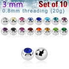 10 3mm 316l steel balls w crystals w 0.8mm threading