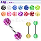 bbchk 316l steel tongue barbell with 6mm acrylic checkered ball