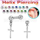 bber75 steel helix barbell w jewel balls dangling plain cross