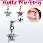 bber78 steel helix barbell w dangling star w encased round cz 