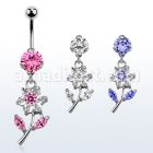 bnrz178 casted steel cz belly banana w cz studded flower design