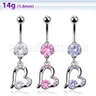 bnrz362 casted steel cz belly banana w heart w a prong set cz