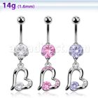 bnrz362 casted steel cz belly banana w heart w a prong set cz