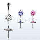 bnrz394 casted steel cz belly banana w cross w round cz