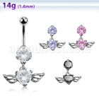 bnrz586 casted steel cz belly banana w heart shaped cz w wings