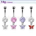 bnrz589 casted steel cz belly banana w small butterfly w cz