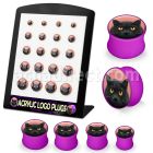 brpg165 board of purple acrylic double flared plug with black cat