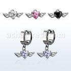 erhz586 steel huggies earrings w dangling heart shaped cz w wing