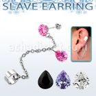 erzdld14 steel slave ear stud w prong cz w dangling pear cz