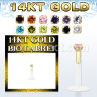 gbilz bioflex labret with push in 14kt gold w prong set cz