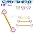 gold steel nipple barbell w prong set heart shaped czs