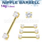 gold steel nipple barbell w prong set round czs