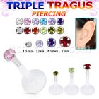 hexgz bioflex triple tragus piercing w prong set cz silver top