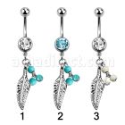 mcd601b 316l steel belly banana w dangling faux turquoise balls