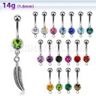 mcd638 316l steel belly banana w bezel ball dangling feather