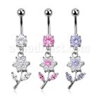 mcdz178 316l steel belly banana w prong cz dangling cz flower