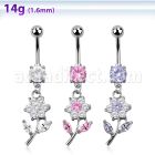 mcdz178 316l steel belly banana w prong cz dangling cz flower