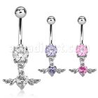 mcdz367 316l steel belly ring w dangling heart shape cz w wings