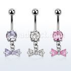 mcdz408 316l steel belly banana w dangling prong set cz bow