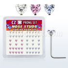 nszbhm silver nose studs w heart assorted color prong cz