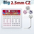 nszbm25 box of silver nose studs w big 2 5mm prong set cz