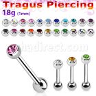steel tragus barbell 1mm w a top 3mm bezel set jewel ball